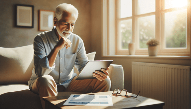 Un retraité consultant un comparateur de mutuelle santé en ligne sur une tablette, assis confortablement dans son salon lumineux, des documents et lunettes posés à côté sur une petite table. L’atmosphère est sereine et chaleureuse, avec une lumière naturelle douce filtrant par une fenêtre ouverte sur un jardin, et des couleurs chaudes dans la décoration intérieure. The image must be natural, realistic, in 2018, style raw, 8K, taken on iPhone, --ar 16:9