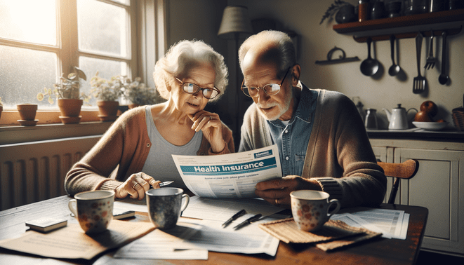 Un couple de retraités français consultant ensemble une brochure sur leur complémentaire santé, assis à la table de la cuisine, lumière douce d’un après-midi filtrant à travers la fenêtre, avec des lunettes, des papiers administratifs, et des mugs de thé ajoutant une atmosphère chaleureuse et réaliste. The image must be natural, realistic, in 2018, style raw, 8K, taken on iPhone, --ar 16:9