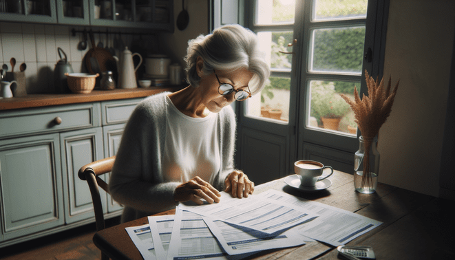 Une retraitée aux cheveux gris feuilletant attentivement des documents de mutuelle santé, assise à la table de sa cuisine, ambiance calme et intime d’un intérieur français éclairé par la lumière naturelle du matin, avec des lunettes sur le nez, une tasse de café à la main et des papiers éparpillés devant elle représentant des éléments de sa couverture santé. The image must be natural, realistic, in 2018, style raw, 8K, taken on iPhone, --ar 16:9