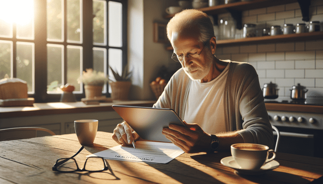 Un senior assis à une table de cuisine éclairée par la lumière du jour, consultant des documents de mutuelle santé et utilisant une tablette numérique, intérieur de maison paisible avec des lunettes de lecture, une tasse de café, et un environnement chaleureux et rassurant. The image must be natural, realistic, in 2018, style raw, 8K, taken on iPhone, --ar 16:9