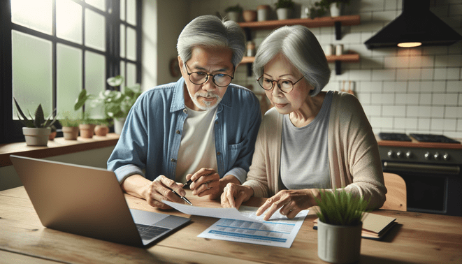 Un couple de retraités examinant des documents financiers à la table de leur cuisine, discutant ensemble et consultant un ordinateur portable montrant un comparateur de mutuelles santé, à l'intérieur d'une maison lumineuse et chaleureuse avec des plantes vertes et des éléments en bois naturel. Lumière du jour douce entrant par la fenêtre, ambiance paisible, les retraités portent des vêtements décontractés, lunettes et expressions concentrées. The image must be natural, realistic, in 2018, style raw, 8K, taken on iPhone, --ar 16:9